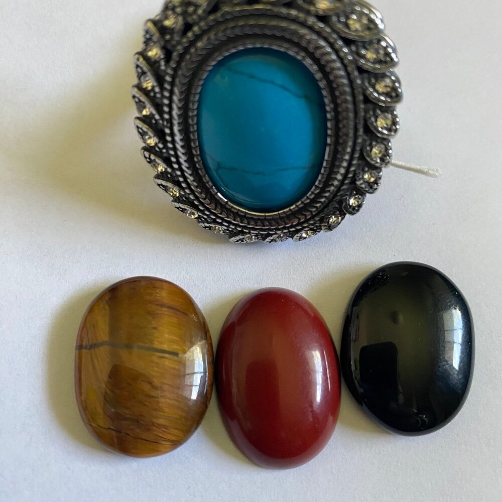 Exchangeable Gemstone Rocks Ring Stainless Steel W/Agate, Turquoise & Tiger Eye